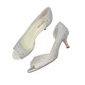 Benjamin Adams Heels Womens 9 Silver Rhinestone Peep Toe D'Orsay Wedding Party